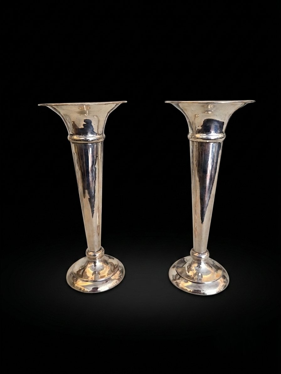 Pair Of Solid Silver Single-flower Vases - Birmingham - 1909
