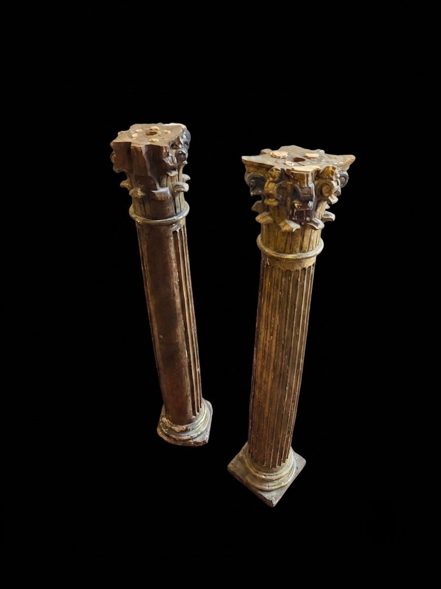 Pair Of Corinthian Columns Made Of Carved And Gilded Wood—19th Century-photo-2