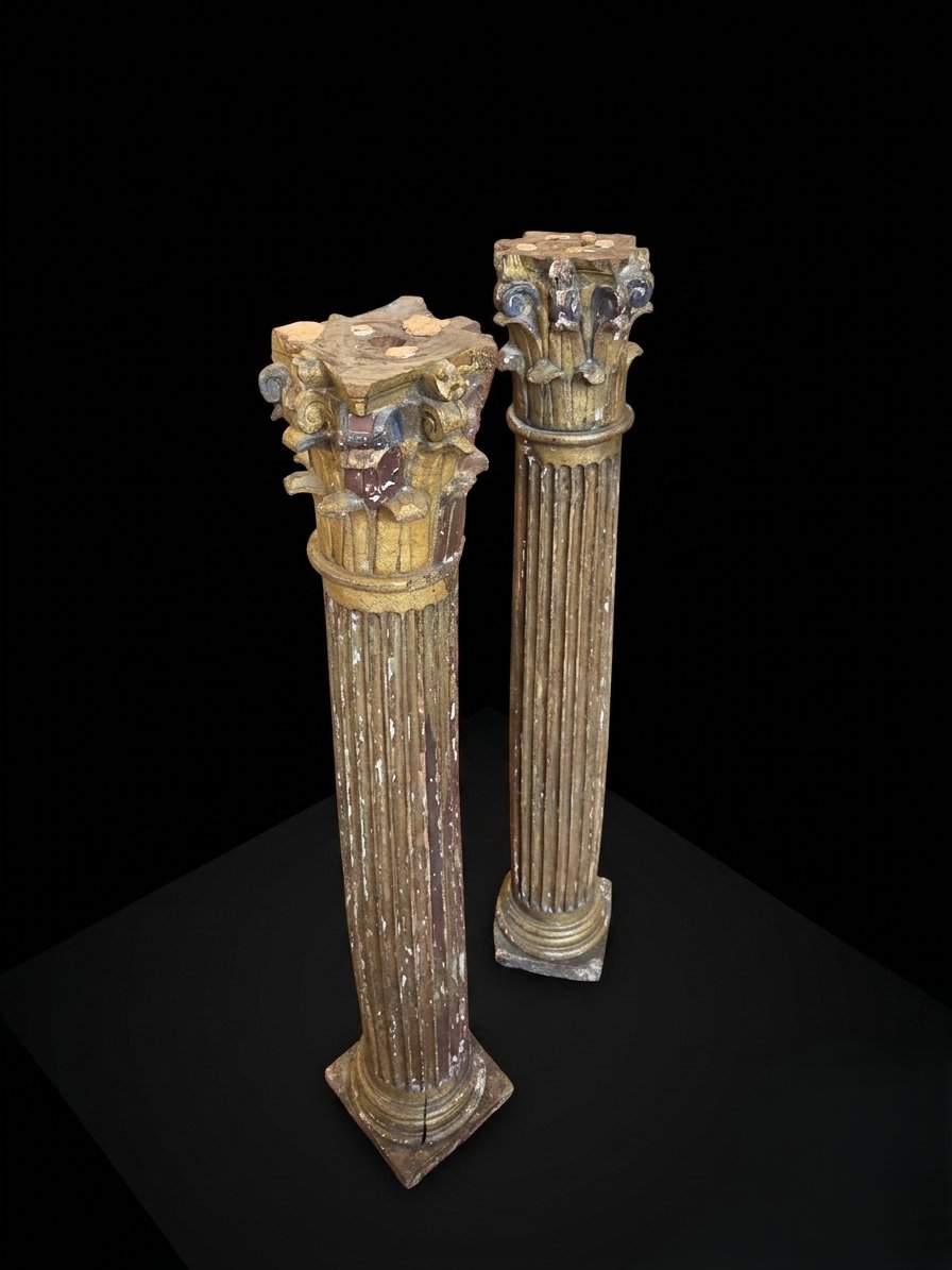 Pair Of Corinthian Columns Made Of Carved And Gilded Wood—19th Century-photo-3
