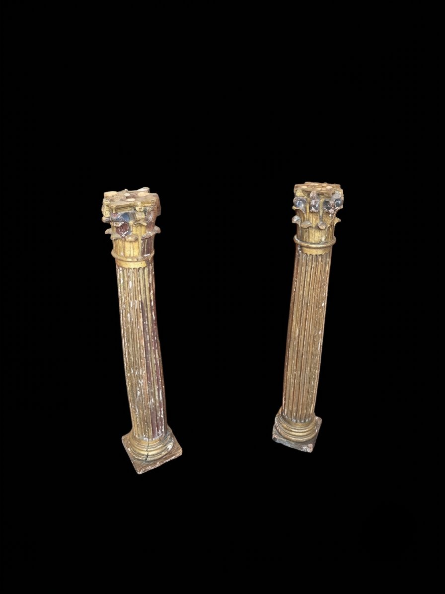 Pair Of Corinthian Columns Made Of Carved And Gilded Wood—19th Century
