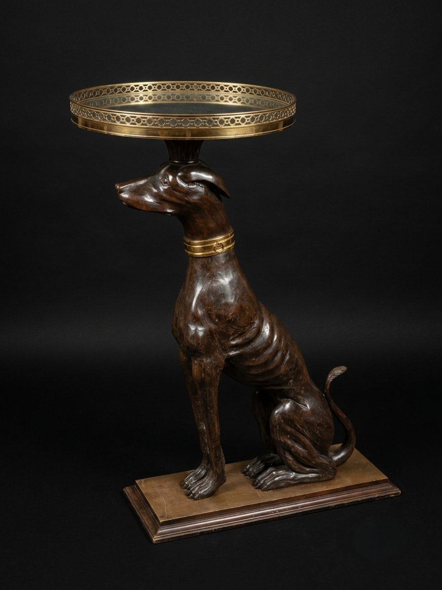 Carved Wooden Side Table Or Greyhound-shaped Stool—marble Top (20th Century)-photo-2