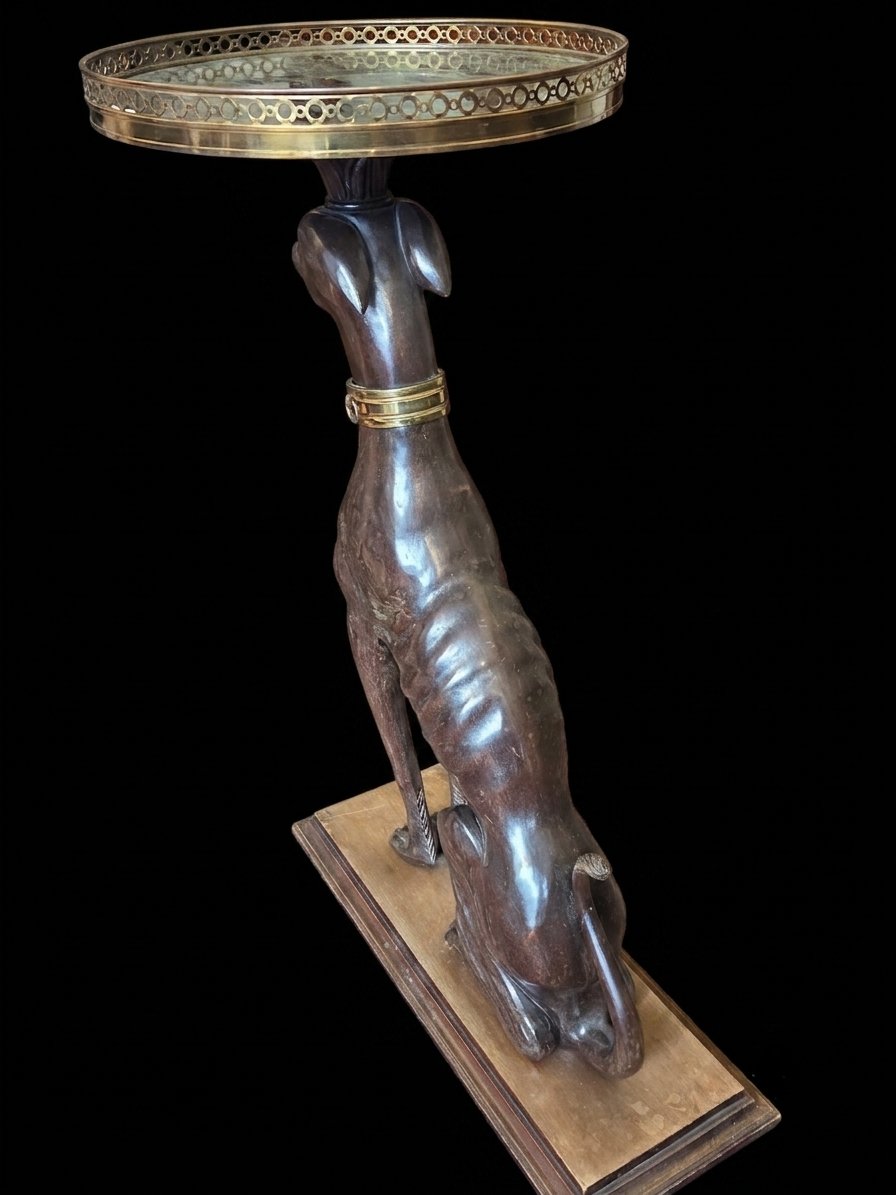 Carved Wooden Side Table Or Greyhound-shaped Stool—marble Top (20th Century)-photo-3