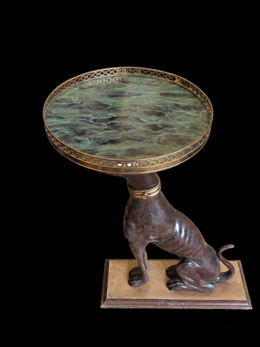 Carved Wooden Side Table Or Greyhound-shaped Stool—marble Top (20th Century)-photo-4