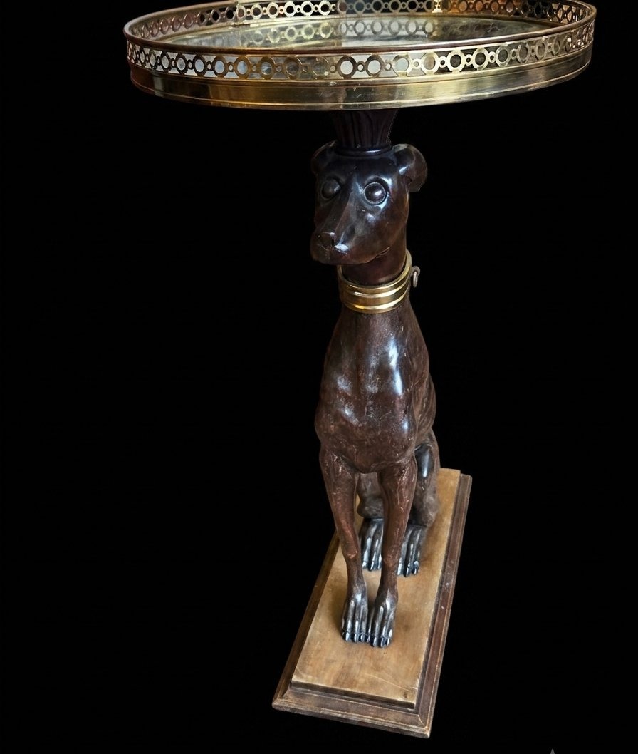 Carved Wooden Side Table Or Greyhound-shaped Stool—marble Top (20th Century)-photo-1