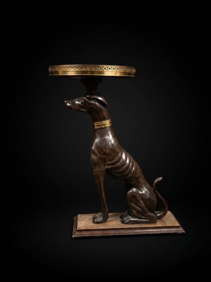 Carved Wooden Side Table Or Greyhound-shaped Stool—marble Top (20th Century)
