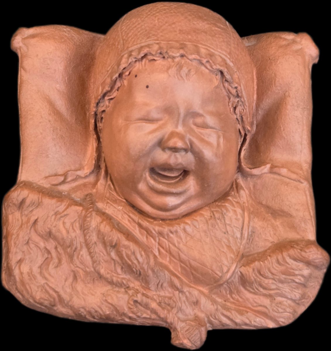 Paire de bas-relief en terre cuite - Bébés au béguin (le rire et les larmes) -photo-3