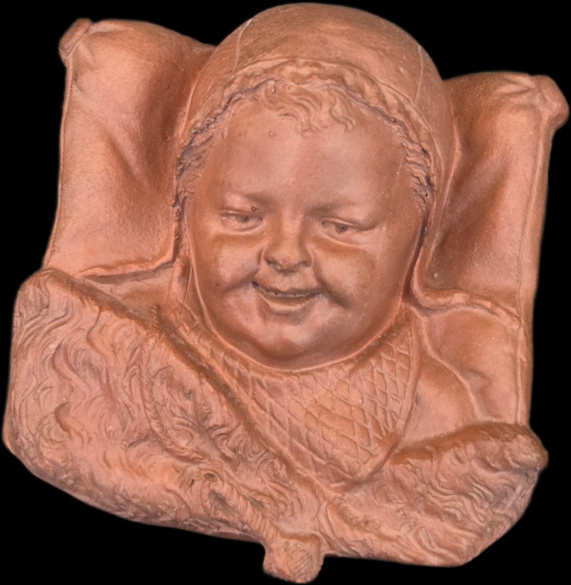 Paire de bas-relief en terre cuite - Bébés au béguin (le rire et les larmes) -photo-4
