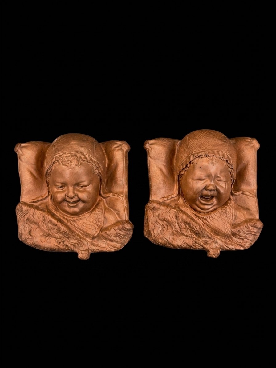 Paire de bas-relief en terre cuite - Bébés au béguin (le rire et les larmes) 