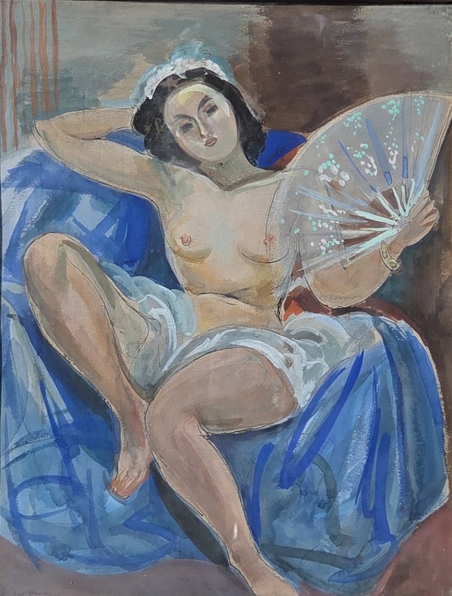 André Planson (1898-1981) - Gouache aquarellée - Jeune femme à l'éventail