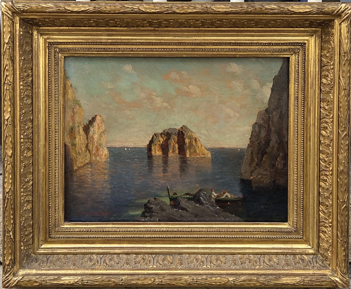EA Deslandes (XIXe - XXe siècle) - Huile sur bois - Les Faraglionis (Capri)-photo-2