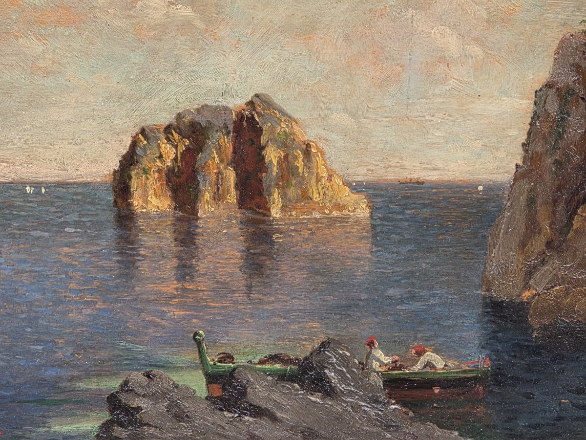 EA Deslandes (XIXe - XXe siècle) - Huile sur bois - Les Faraglionis (Capri)-photo-4
