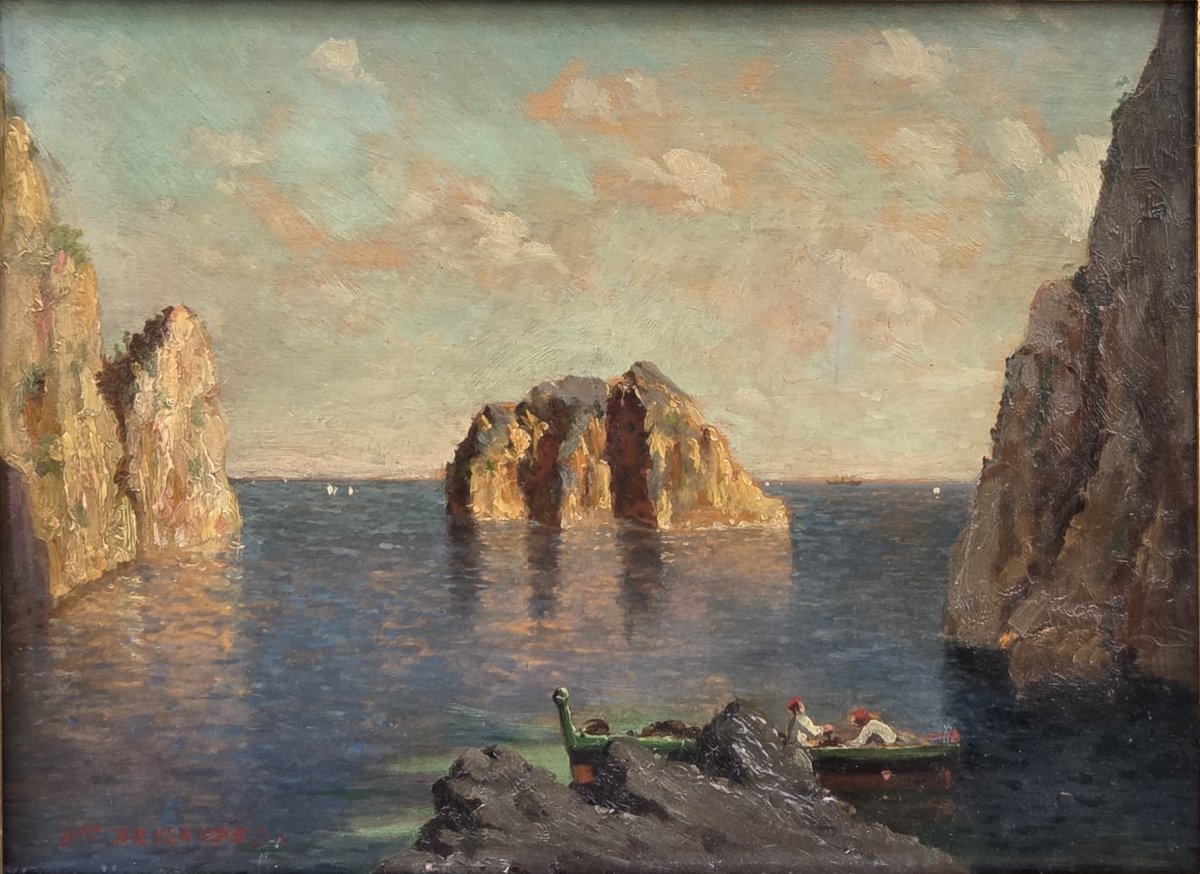 EA Deslandes (XIXe - XXe siècle) - Huile sur bois - Les Faraglionis (Capri)