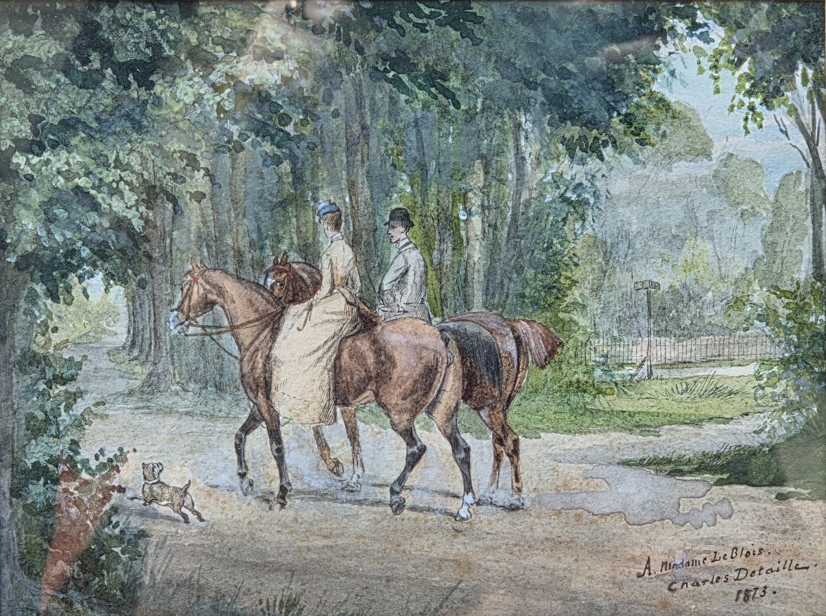 Charles Detaille (1852–1894) - Watercolor - A Horseback Ride Through The Woods-photo-2