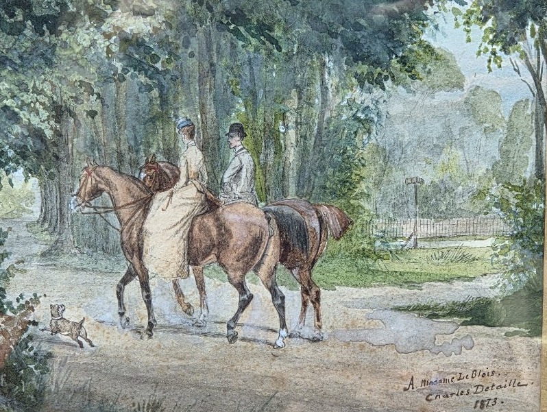 Charles Detaille (1852–1894) - Watercolor - A Horseback Ride Through The Woods-photo-3