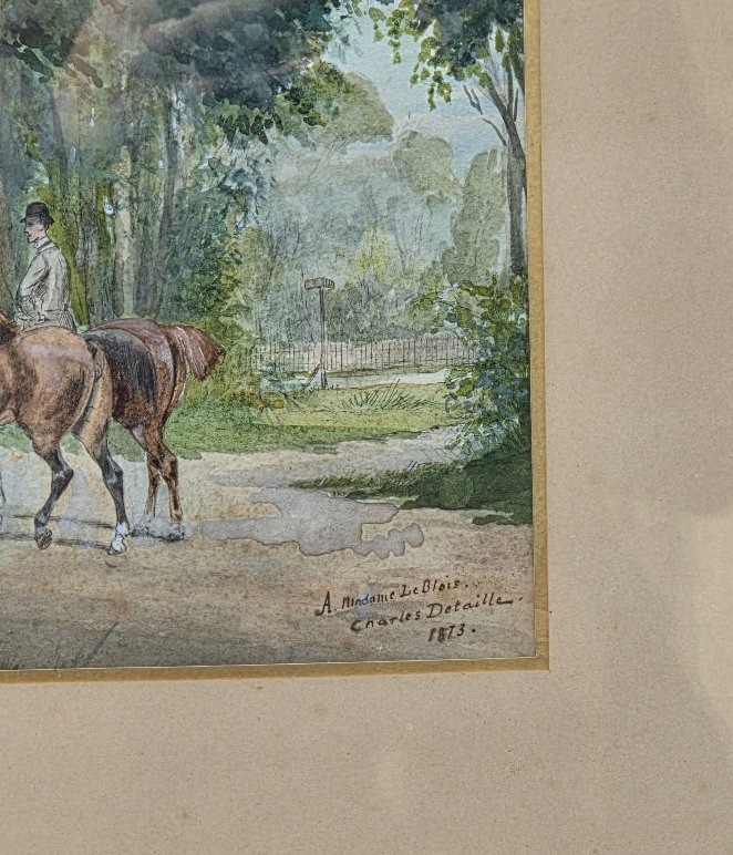 Charles Detaille (1852–1894) - Watercolor - A Horseback Ride Through The Woods-photo-4