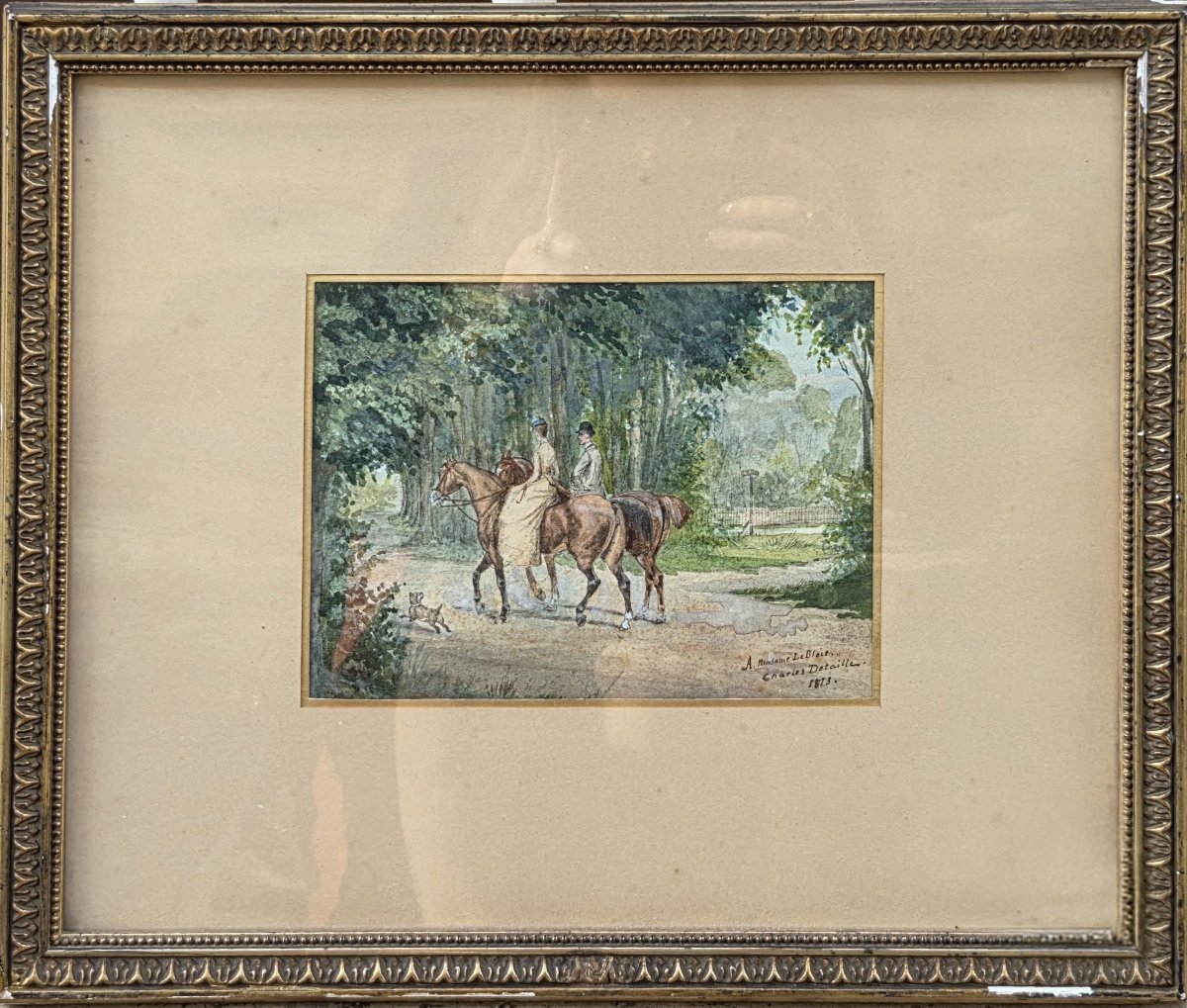 Charles Detaille (1852–1894) - Watercolor - A Horseback Ride Through The Woods-photo-1