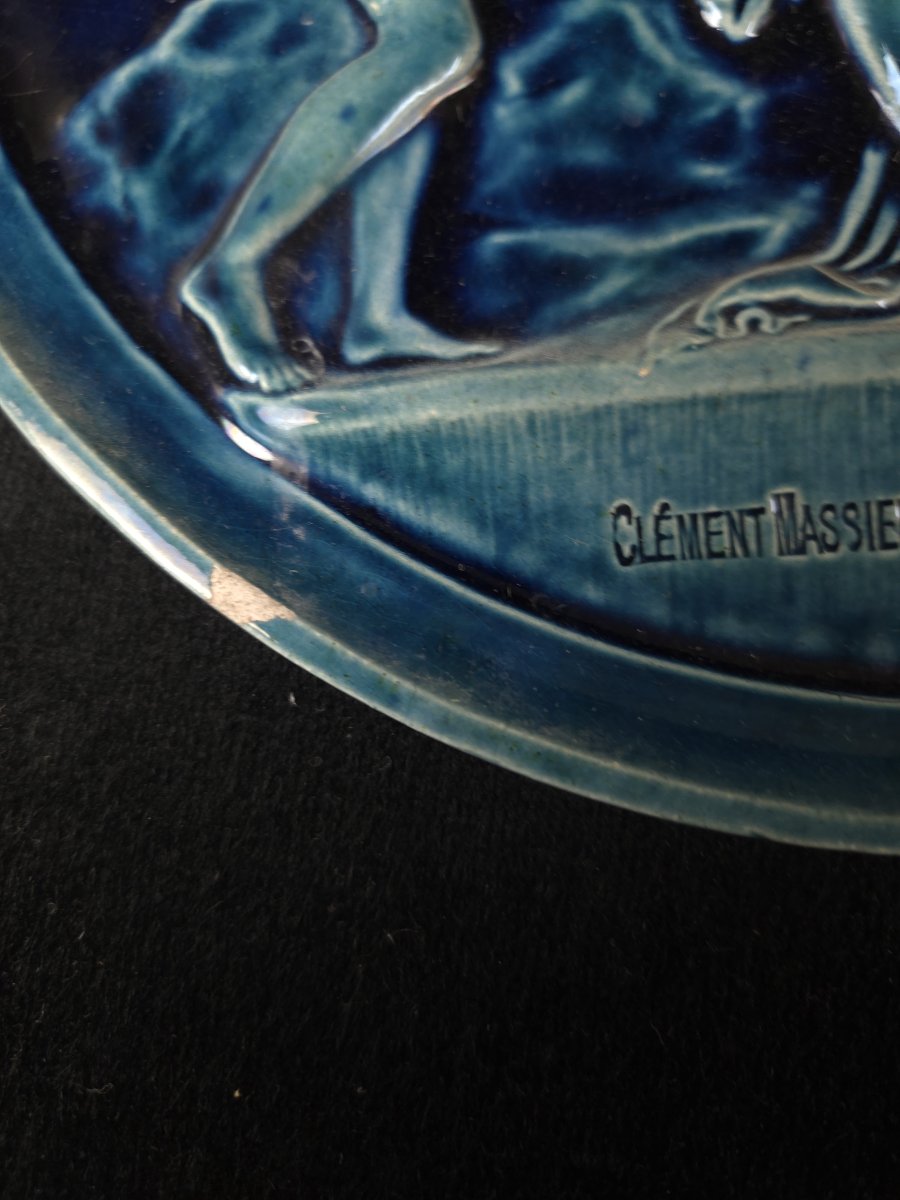 Clément Massier - Set Of Three Turquoise-blue Glazed Earthenware Medallions (19th Century)-photo-7