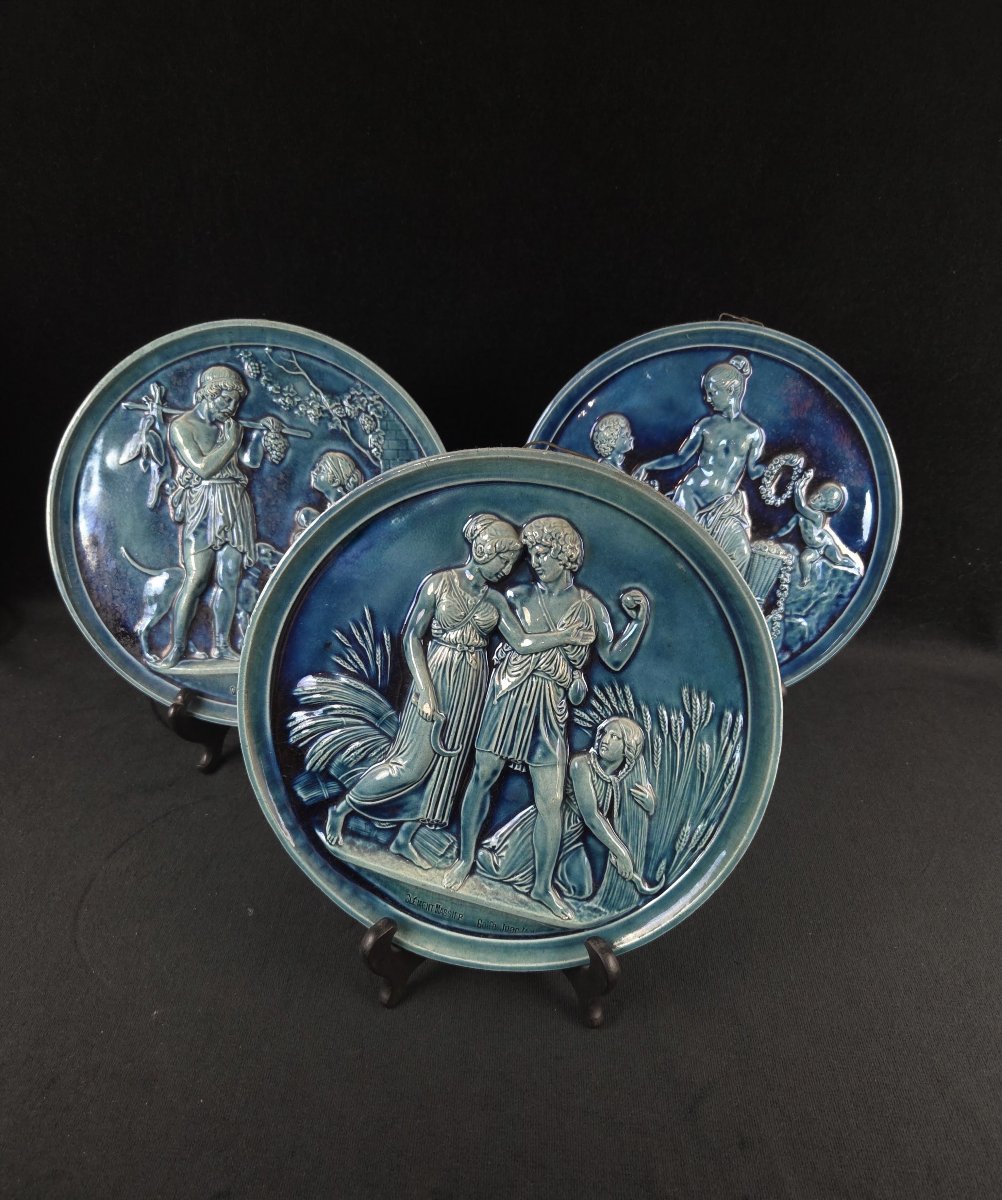 Clément Massier - Set Of Three Turquoise-blue Glazed Earthenware Medallions (19th Century)
