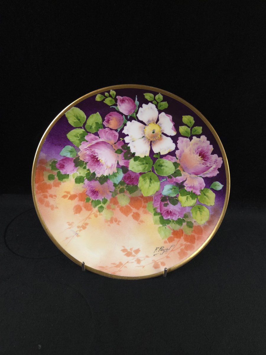 Limoges - Grand plat en porcelaine à décor de fleurs - F. Poujol (XXe siècle)-photo-2