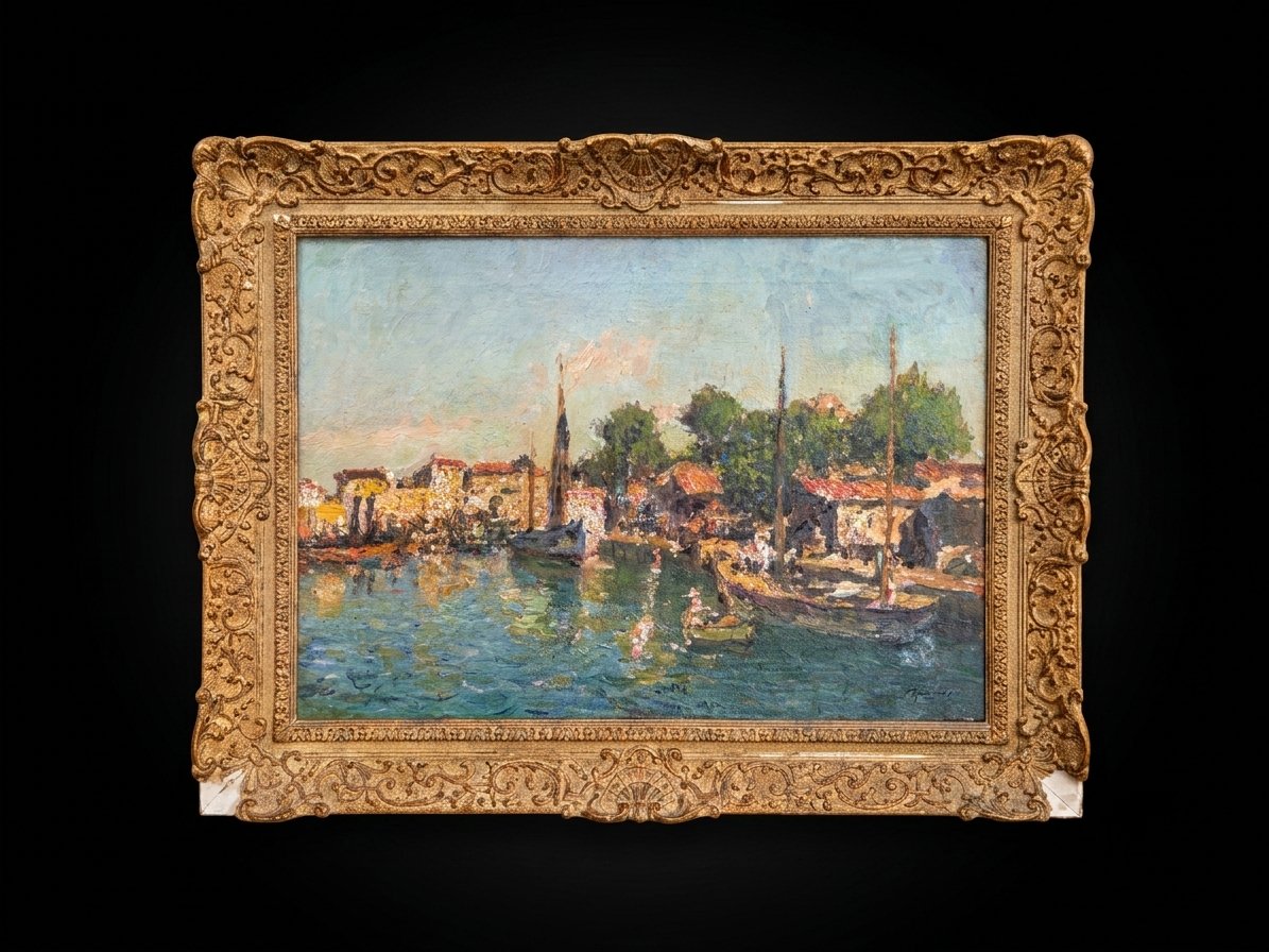 Julien Gustave Gagliardini (1846-1927) - Huile sur toile - Vue d'un port de pêche en Provence-photo-2