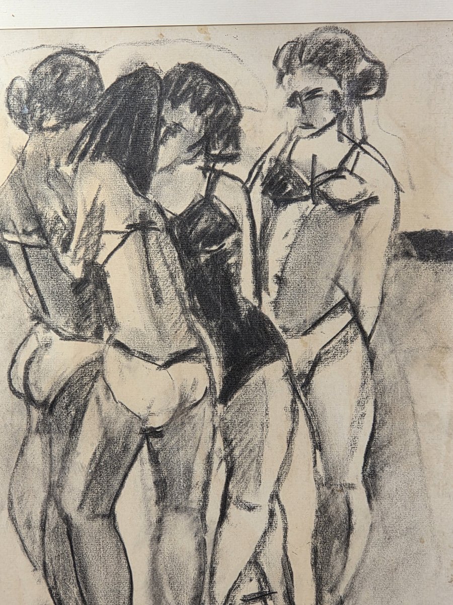 Germain Bonel (1913–1999) - Charcoal On Paper - Women Bathing On The Beach-photo-3