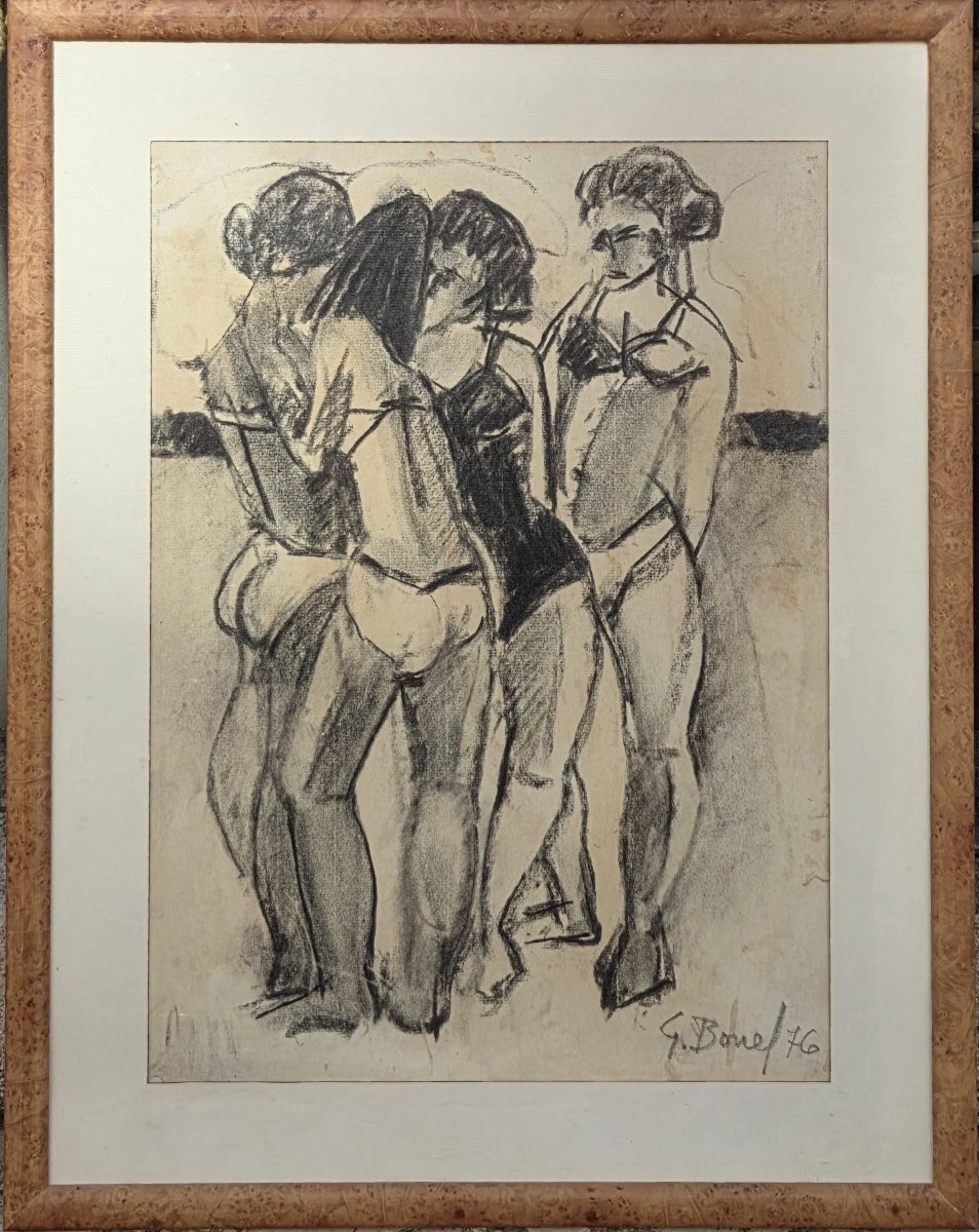 Germain Bonel (1913–1999) - Charcoal On Paper - Women Bathing On The Beach-photo-1