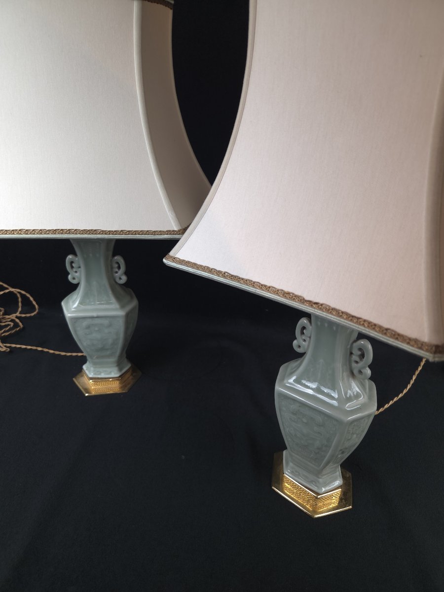 Paire de lampes en porcelaine céladon - Chine (XXe siècle)-photo-3