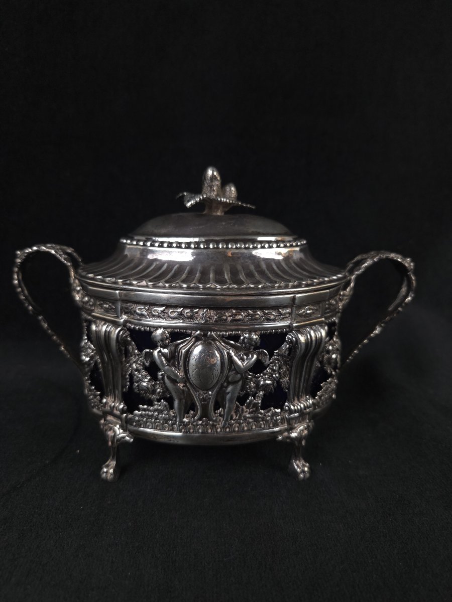 Sucrier ovale en argent massif et cristal bleu de cobalt - style Louis XVI (XIXe siècle)-photo-2