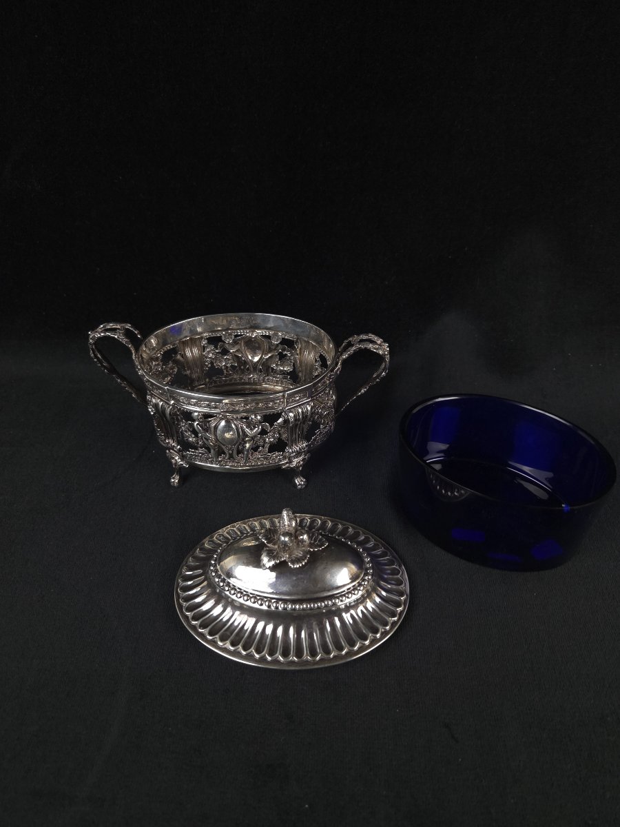 Sucrier ovale en argent massif et cristal bleu de cobalt - style Louis XVI (XIXe siècle)-photo-3