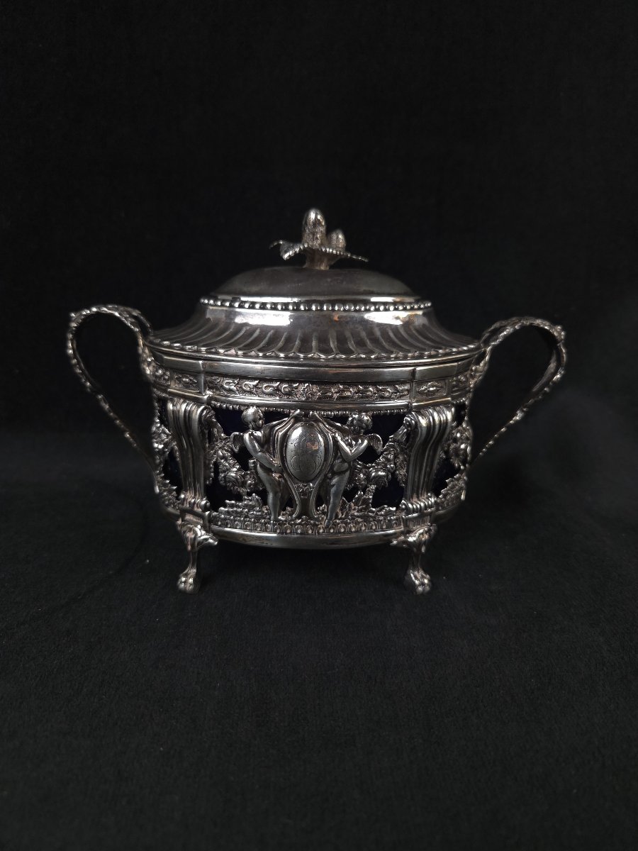 Sucrier ovale en argent massif et cristal bleu de cobalt - style Louis XVI (XIXe siècle)