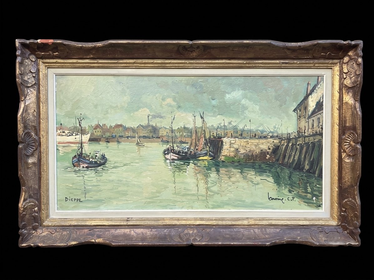 Lavoine LP - Huile sur toile - Animation sur le port de Dieppe (XXe siècle)-photo-2