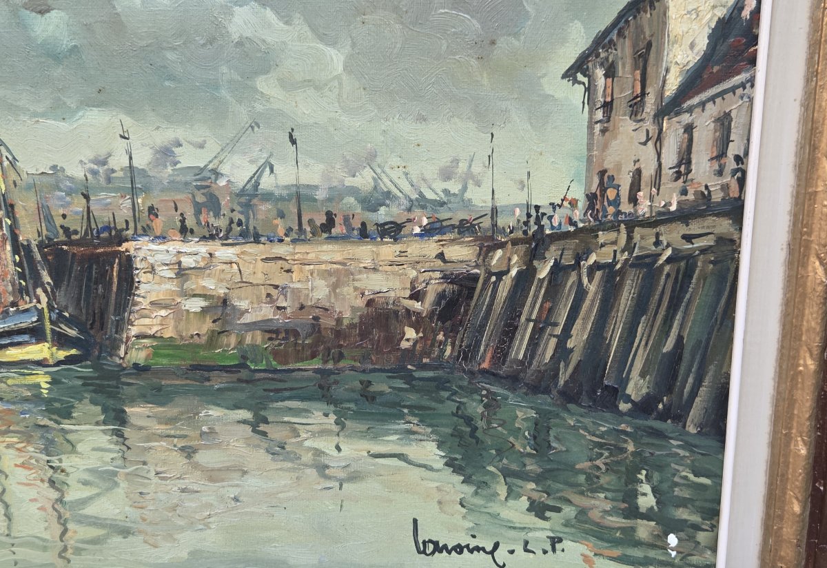 Lavoine LP - Huile sur toile - Animation sur le port de Dieppe (XXe siècle)-photo-3