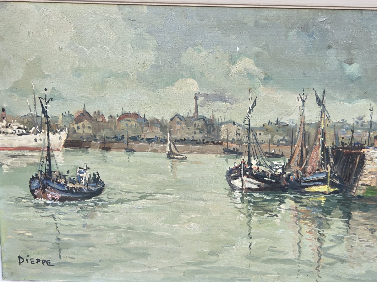 Lavoine LP - Huile sur toile - Animation sur le port de Dieppe (XXe siècle)-photo-4