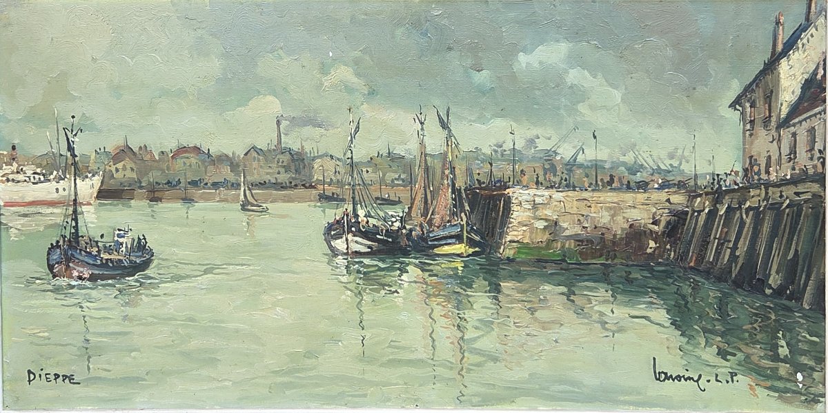 Lavoine LP - Huile sur toile - Animation sur le port de Dieppe (XXe siècle)