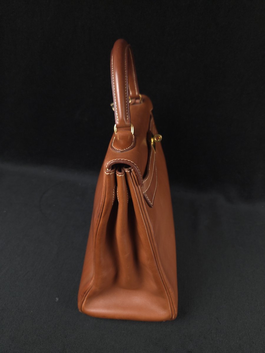 Hermès Paris - Kelly 32 Bag In Brown/gold Box Calfskin -photo-7