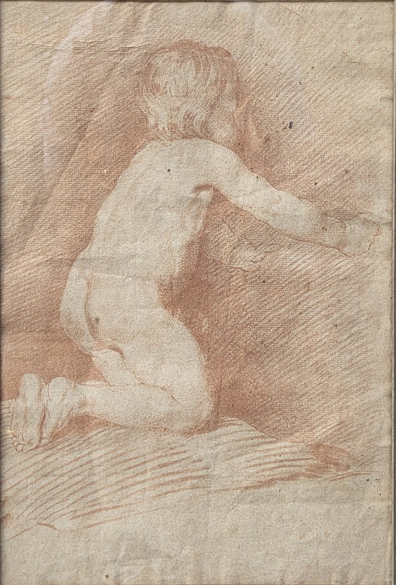 Red Chalk Drawing—study Of A Kneeling Child—french School (19th Century)-photo-2