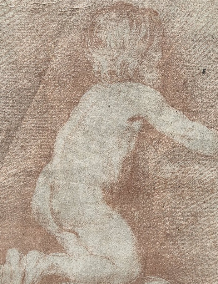 Red Chalk Drawing—study Of A Kneeling Child—french School (19th Century)-photo-3