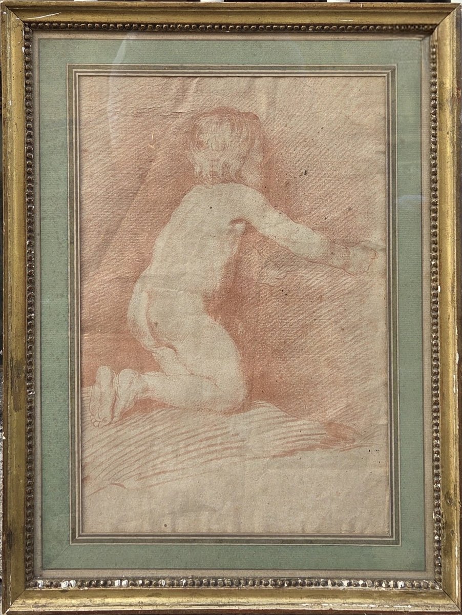 Red Chalk Drawing—study Of A Kneeling Child—french School (19th Century)