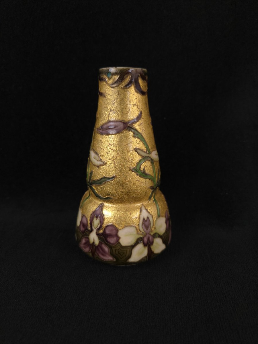 Paul Millet et V. Yung (Sèvres) - Vase gourde art nouveau en porcelaine émaillée aux orchidées-photo-2