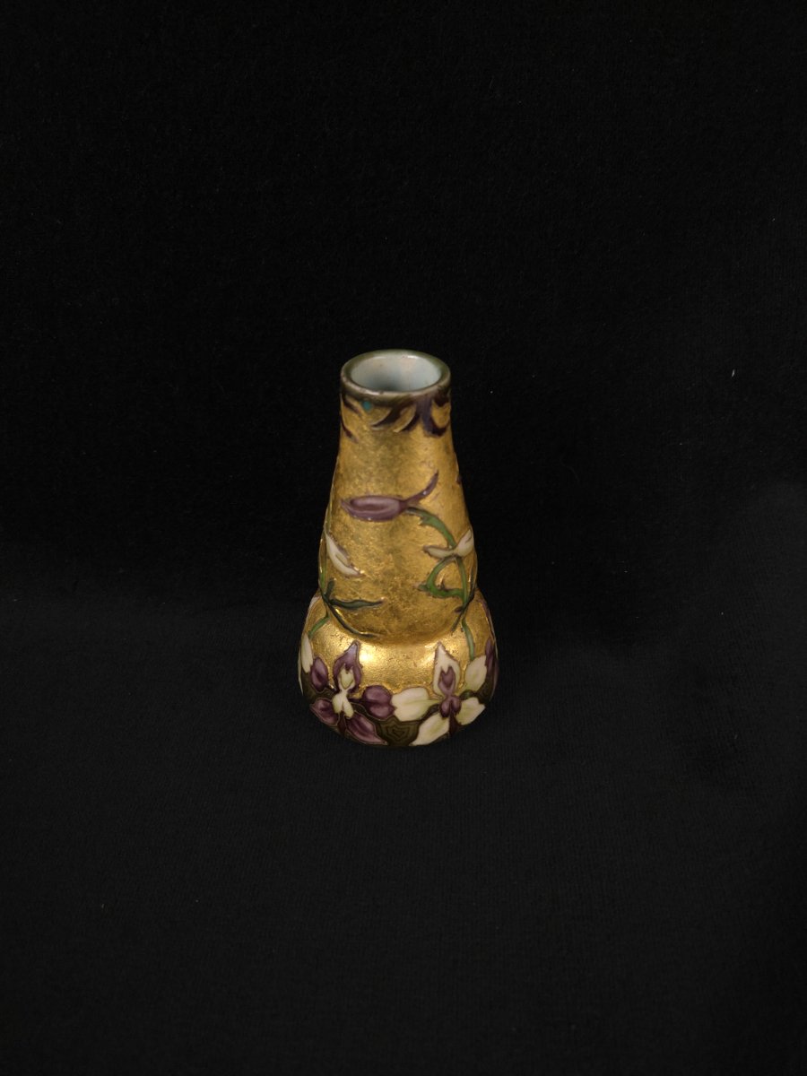 Paul Millet et V. Yung (Sèvres) - Vase gourde art nouveau en porcelaine émaillée aux orchidées-photo-3