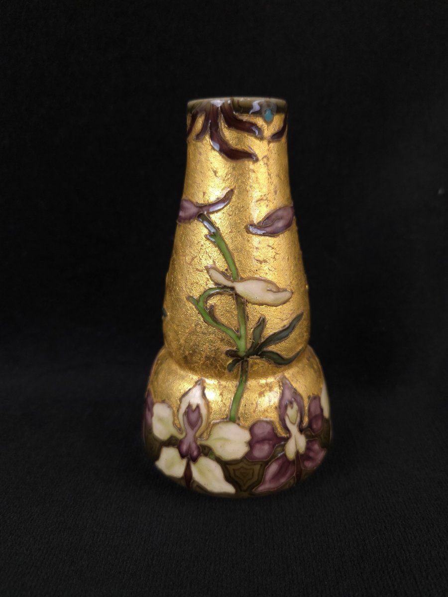 Paul Millet et V. Yung (Sèvres) - Vase gourde art nouveau en porcelaine émaillée aux orchidées-photo-1