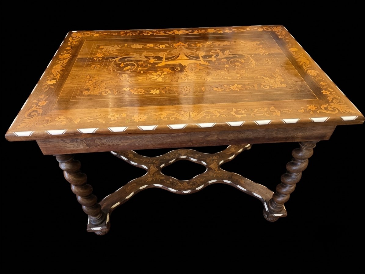 Table / bureau de style hollandais en noyer et marqueterie (XIXe siècle)-photo-2