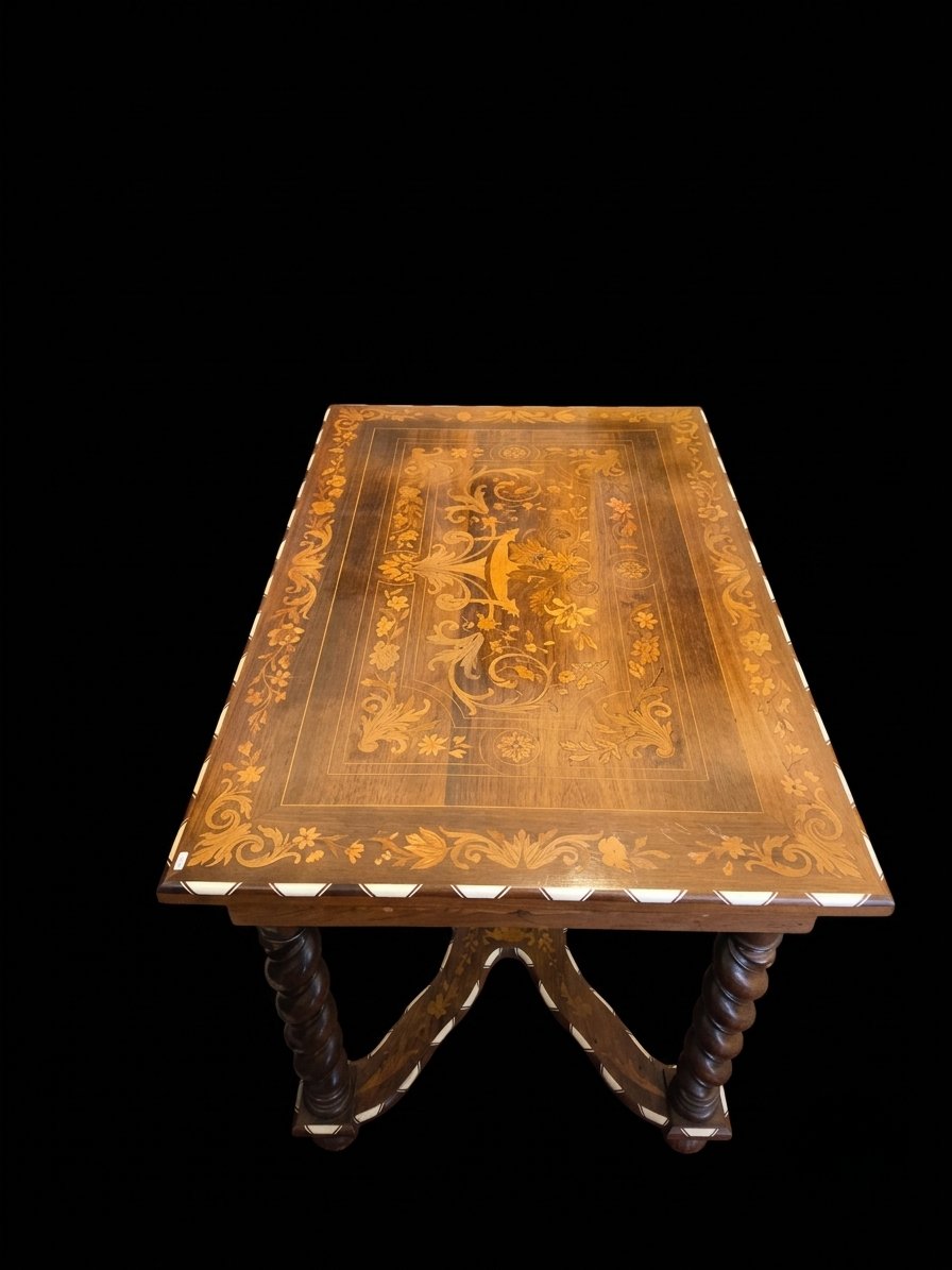 Table / bureau de style hollandais en noyer et marqueterie (XIXe siècle)-photo-3