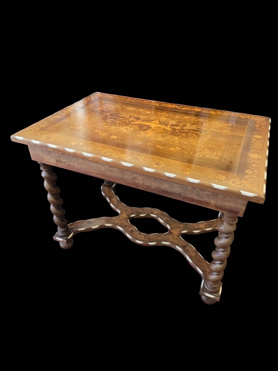Table / bureau de style hollandais en noyer et marqueterie (XIXe siècle)-photo-4