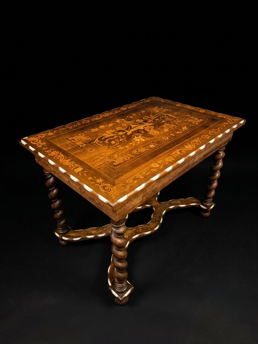 Table / bureau de style hollandais en noyer et marqueterie (XIXe siècle)