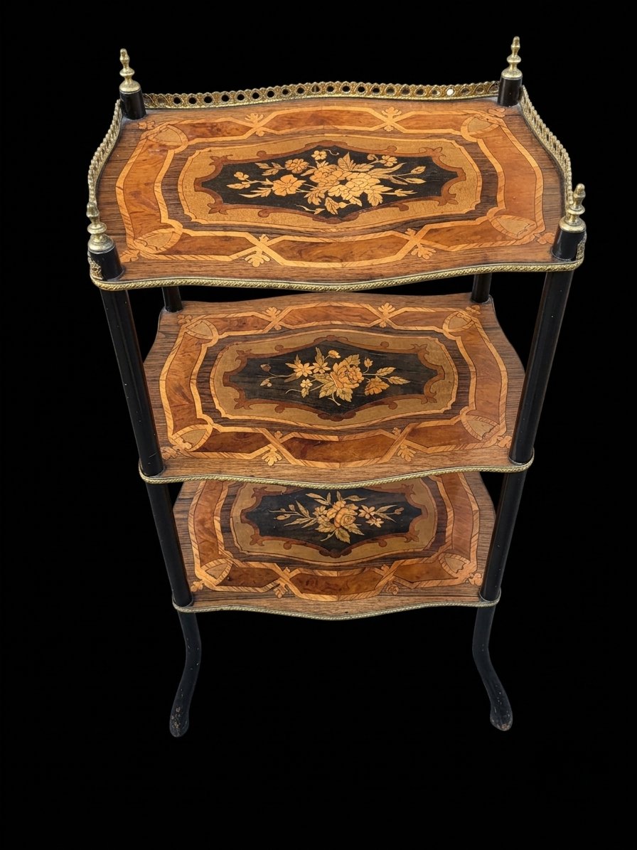 Side Table / Folding Table With Three Inlaid Shelves - Napoleon III Period (19th Century)-photo-3