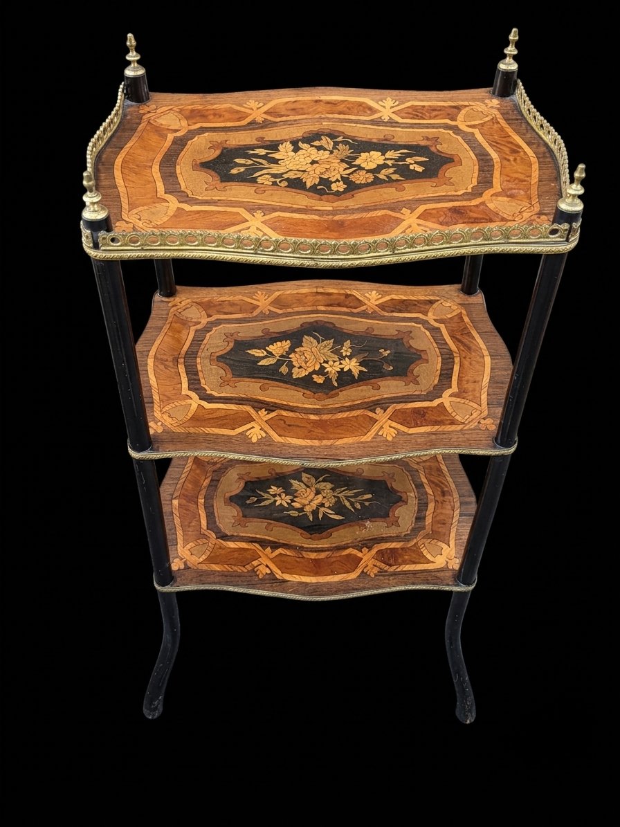 Side Table / Folding Table With Three Inlaid Shelves - Napoleon III Period (19th Century)-photo-1