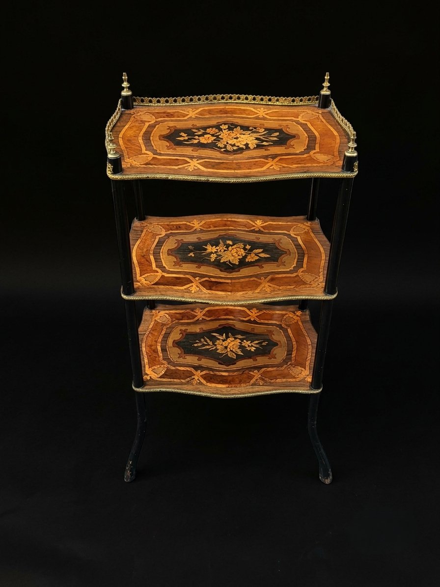 Side Table / Folding Table With Three Inlaid Shelves - Napoleon III Period (19th Century)