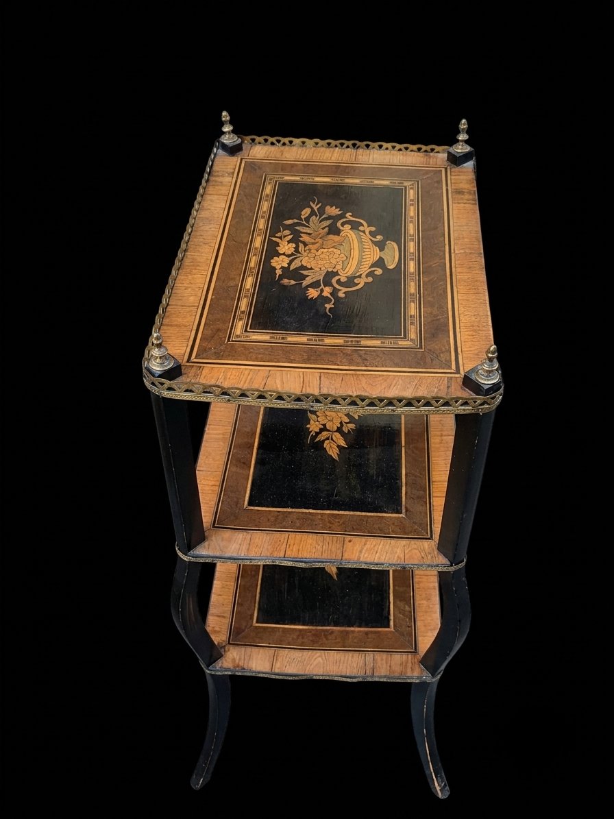 Table étagère volante à trois plateaux marquetés - Epoque Napoléon III (XIXe siècle)-photo-4