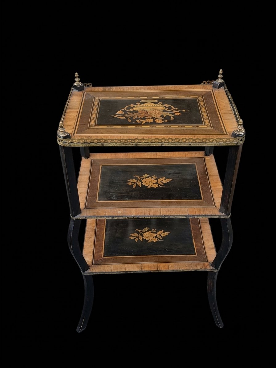 Table étagère volante à trois plateaux marquetés - Epoque Napoléon III (XIXe siècle)-photo-1